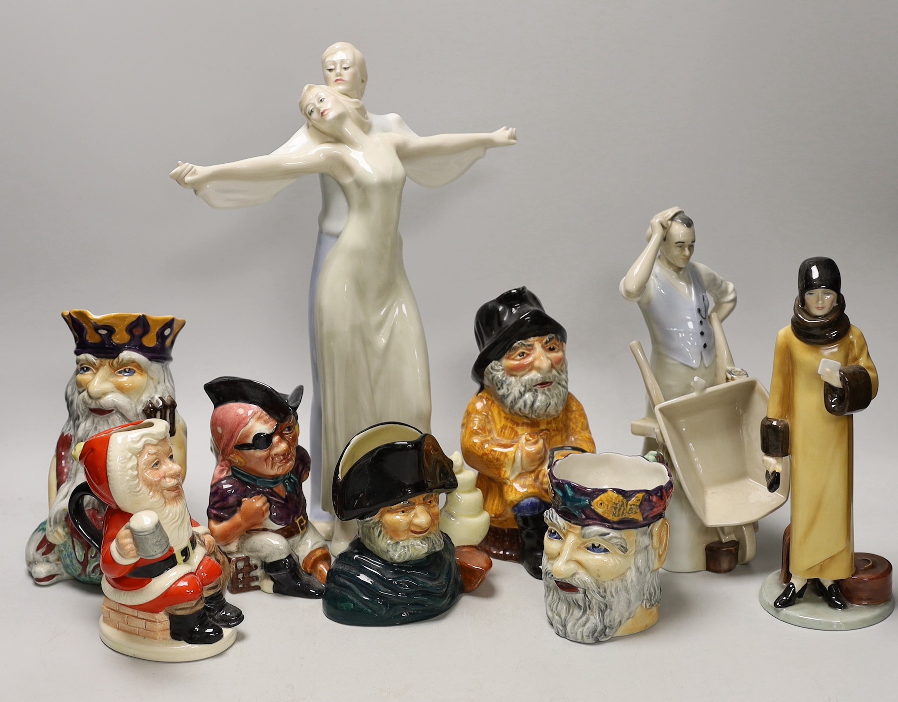 Three Royal Doulton figures and a character jug and five Shorter Pottery character jugs, tallest figure 33cms high